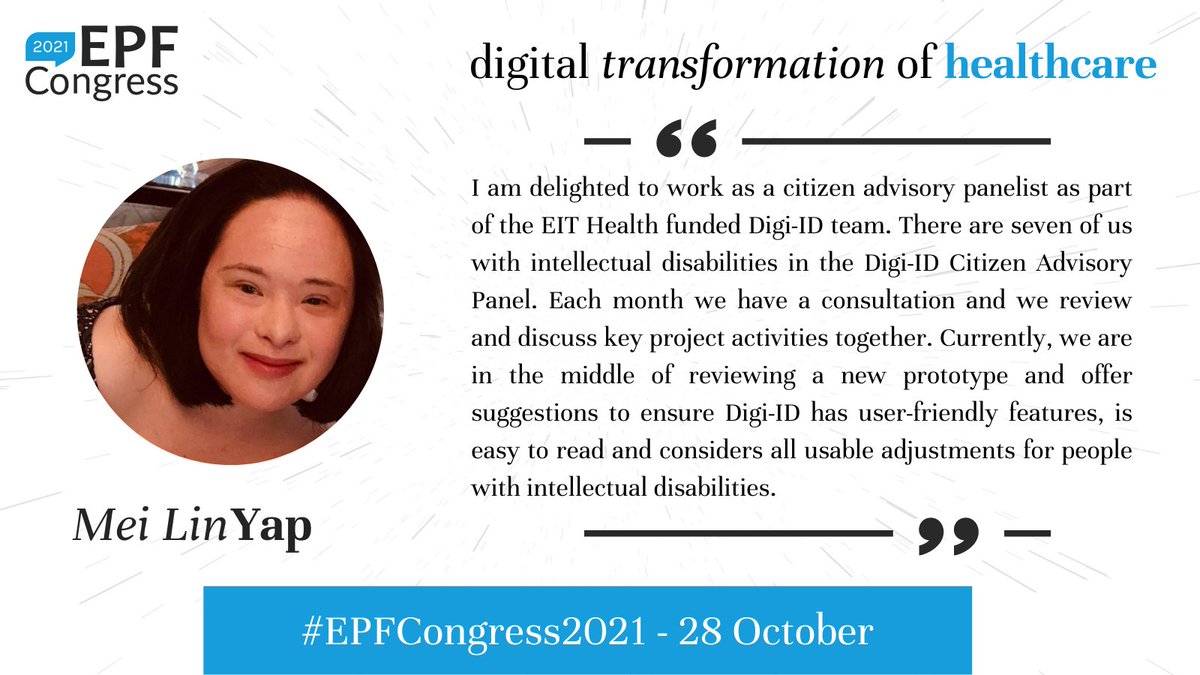 European Patients' Forum (@eupatientsforum) on Twitter photo 🫂 As part of the <a href="/EIT_Health/">Eit Health</a> funded @Joindigi_id Citizen Advisory Panel, <a href="/05Yap/">Mei Lin Yap</a> Mei Lin Yap’s goal is to use 📲 technology to stay connected, healthy and well – starting with giving a voice to people with intellectual disabilities.
#EPFCongress2021 🫂 As part of the <a href="/EIT_Health/">Eit Health</a> funded @Joindigi_id Citizen Advisory Panel, <a href="/05Yap/">Mei Lin Yap</a> Mei Lin Yap’s goal is to use 📲 technology to stay connected, healthy and well – starting with giving a voice to people with intellectual disabilities.
#EPFCongress2021