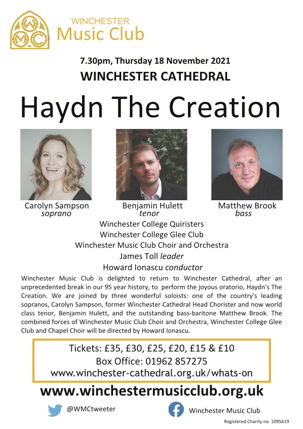 Winchester Music Club is delighted to return to <a href="/WinCathedral/">Winchester Cathedral</a> Cathedral to  perform Haydn The Creation.
<a href="/SampsonCarolyn/">Carolyn Sampson 🇪🇺</a>, <a href="/ben_hulett/">ben Hulett</a>, Matthew Brook, Winchester Music Club Choir &amp; Orchestra, Winchester College Glee Club directed by <a href="/HowardIonascu/">Howard Ionascu</a>.
18 November at 7.30pm