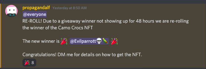 camocrocsnft's tweet photo. 🐊🐊 Promo Winner 🐊🐊

Winner of a free Camo Croc announced for the cross-promo with @RawlegsSociety. And it is ...  drumroll ...  @Evilparrott187! Congratulations! We have two similar promos running right now, check them out! https://t.co/uWZJb4n95O

🐊🐊

#NFTCommunity https://t.co/czDY4WvMH3