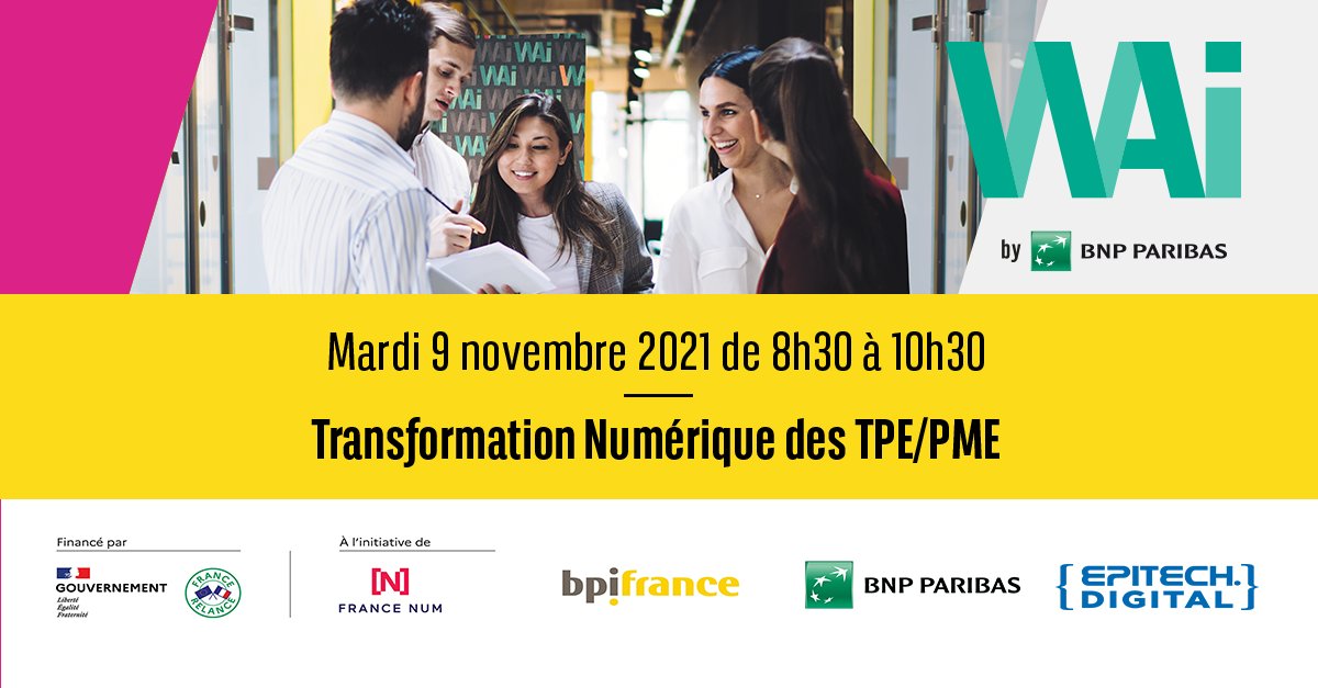 Dans le cadre de #FranceRelance, <a href="/BNPParibas/">BNP Paribas Group</a> et <a href="/Epitech/">Epitech</a> réunissent leurs forces pour sensibiliser les #TPE et #PME 🇫🇷 aux enjeux de la #TransfoNum. Inscrivez-vous à notre 1er webinar qui aura lieu le 09/11 !  
👋 <a href="/francenumfr/">France Num 📲 TPE PME : Passez au numérique</a> <a href="/DGEntreprises/">Direction générale des Entreprises</a> <a href="/Bpifrance/">Bpifrance</a>
 👉 bit.ly/2XUvIXB
