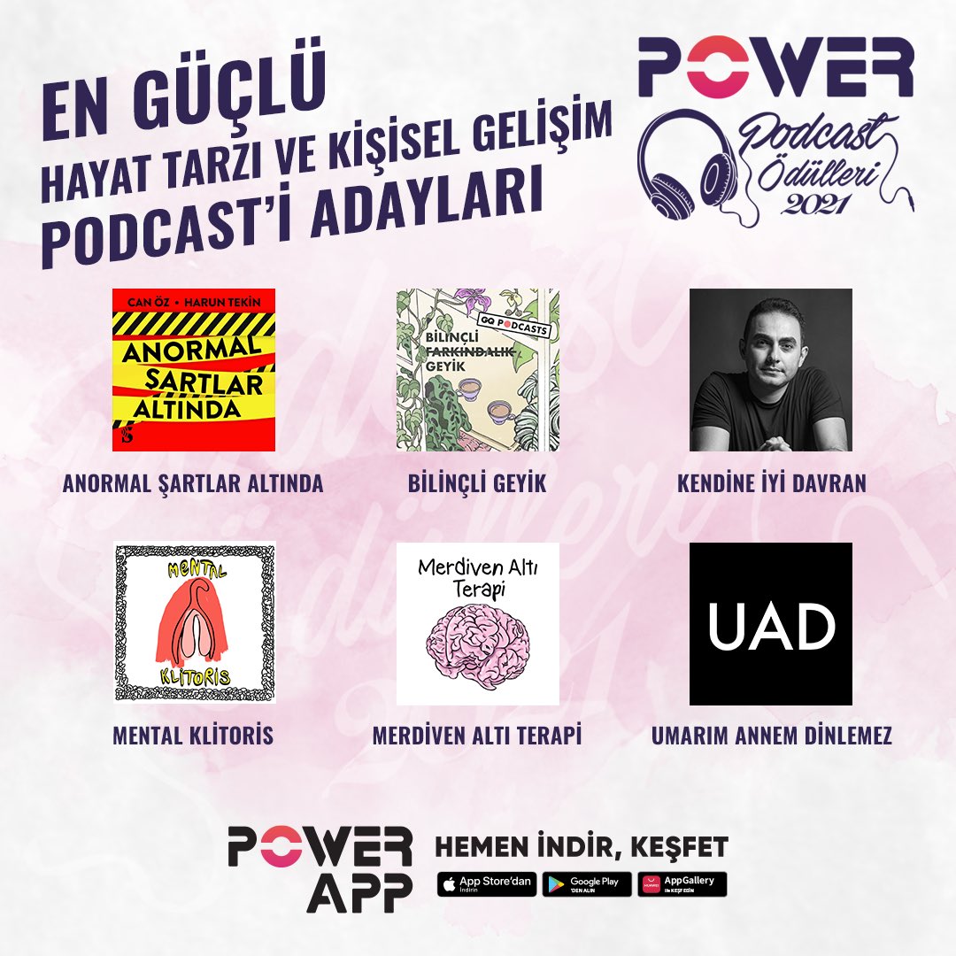 Power Podcast Ödülleri 2021’de “En Güçlü Hayat Tarzı ve Kişisel Gelişim Podcasti“ ve diğer tüm kategorilerdeki adaylara oy vermek için #PowerApp’i indir, üye ol! #PowerPodcastÖdülleri <a href="/beyhanbudak/">Beyhan Budak</a>
<a href="/ccanozz/">Can Öz</a>
<a href="/harun_tekin/">Harun Tekin</a>
<a href="/hazalsipahi/">Hazal Sipahi</a>
<a href="/tulugozlu/">tulûğ özlü</a>
<a href="/yaseminyapanar/">yasemin yapanar</a>