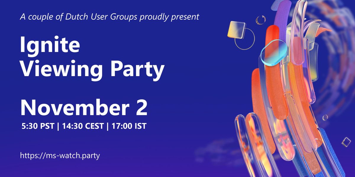 In 5 days it is time for #Microsoft #Ignite. We hope you will join us on Nov 2 for a live viewing of the #keynote and some in-person #networking.

🗓️ Nov 2, 2021
⌚️ 2:30PM (CEST)
🎙️ Ignite keynote
🗺️ Jaarbeurs Utrecht
✔️ Register: msft.it/6019kEaP9