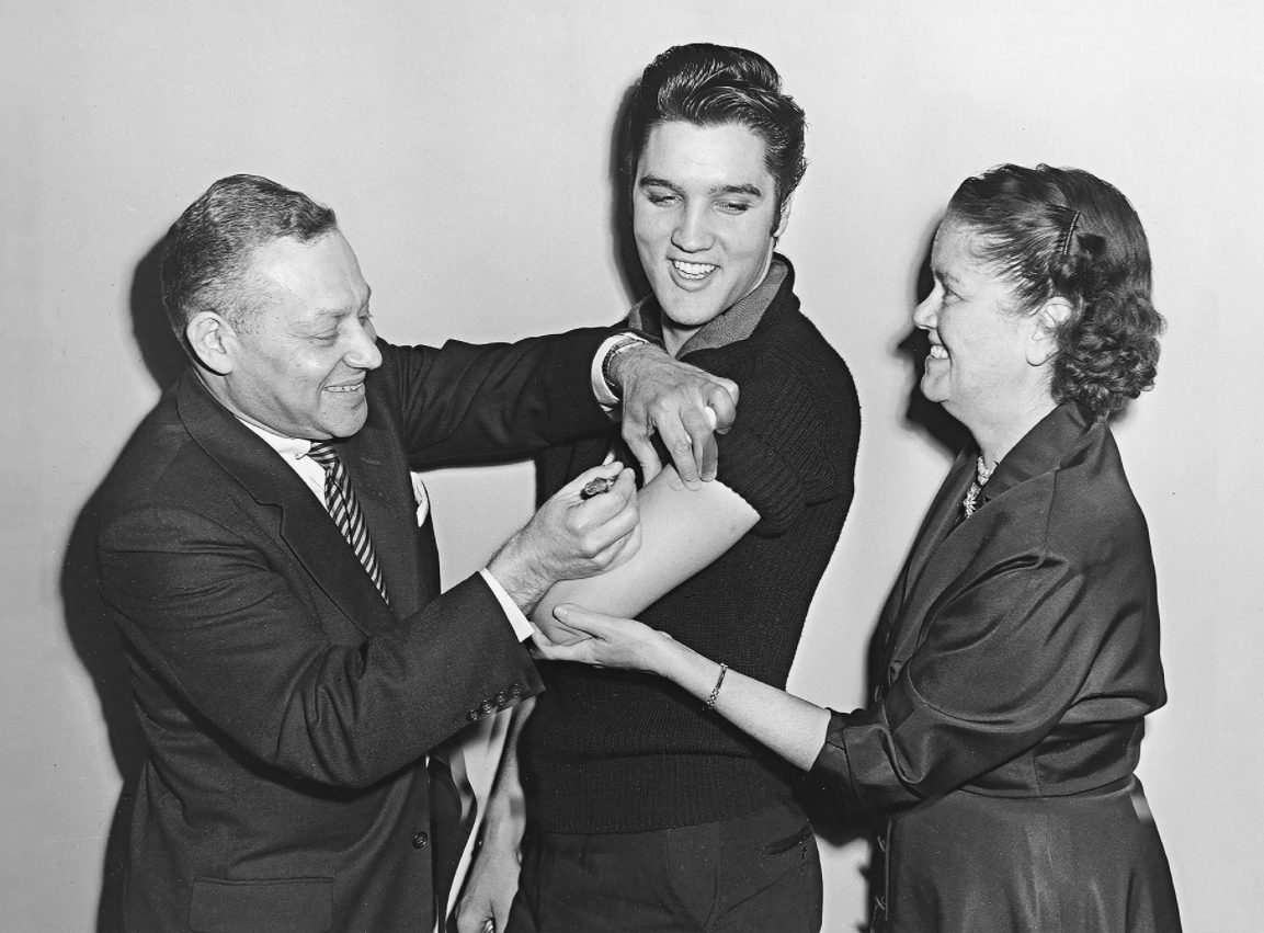 Worn #onthisday in 1956 by Elvis Presley when he was photographed getting his polio vaccine to persuade teenagers to get vaccinated. Within the next 6 months, 84% of American children got the vaccine, released in 1955; by 1957, US cases had dropped by 81%. #OTD #rollupyoursleeve