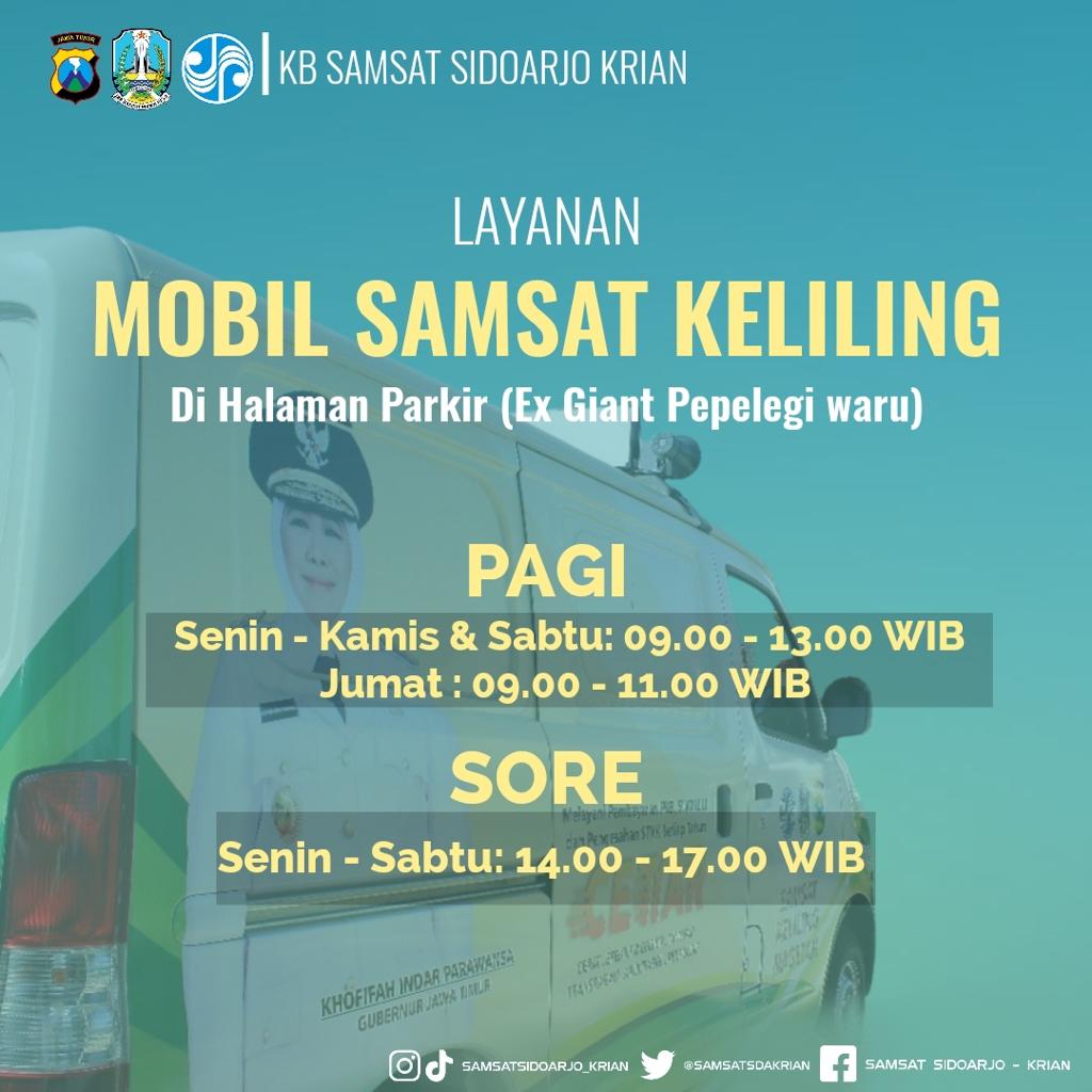 Monggo dimanfaatkan warga Sidoarjo ada layanan Mobil Samsat Keliling di Ex Giant Pepelegi , detail jam layanan monggo disimak postingan kami.