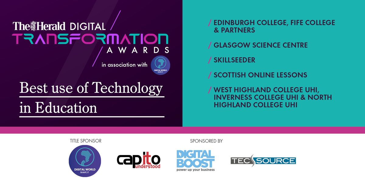 Let's take a look at our finalists in the Education category. Congratulations to all of you! Join us on the 4th Nov to see who is crowned! #DigiTransform21
Tickets: bit.ly/3yxsHtr
@edinburghcoll @gsc1 @SkillSeeder @SOLessons @WHC_UHI @DigitalWorldHQ