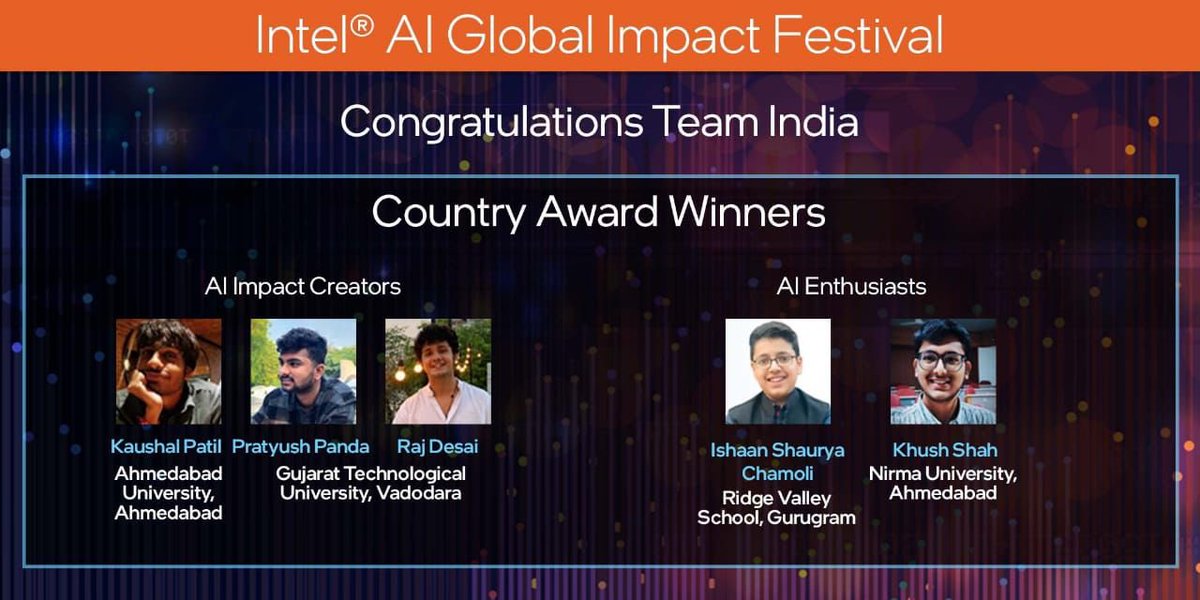 rnivruti's tweet photo. Congratulations to all Grand Winners from India! 
Super proud to have #India secure top position at Intel #AIimpactfest &amp; win 3 of 4 categories
Future belongs to dreamers &amp; innovators who can make use of #AI for larger good &amp; you give us hope! https://t.co/gSbI1jgPg8
@Rajeev_GoI https://t.co/KjnGRDP9RI