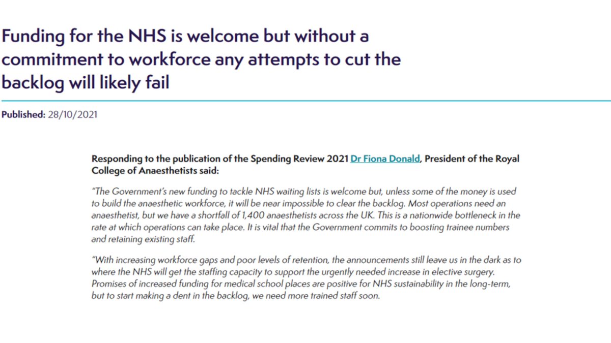 We have a shortfall of 1,400 anaesthetists in the UK. This is a nationwide bottleneck in the rate at which operations can take place.

It is vital the government commits to boosting trainee numbers &amp; retaining staff.

Our response to the spending review: bit.ly/3jMjyYx