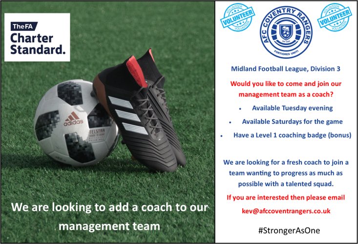 Hi, I’m looking to add to my coaching staff at <a href="/AFCCovRangers/">AFC Coventry Rangers</a> we are a busy bunch on and off the field. If you fancy possibly getting involved then pop me a message. Cheers 👍🏼 please feel free to retweet 💙