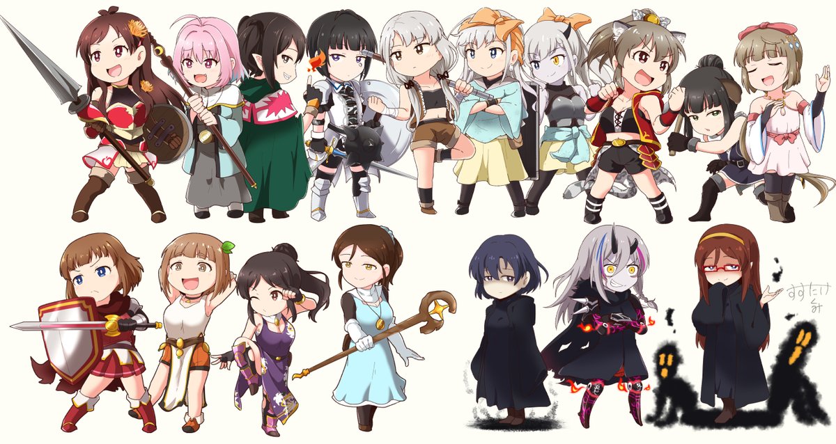 multiple girls 6+girls weapon shield brown hair black hair sword  illustration images