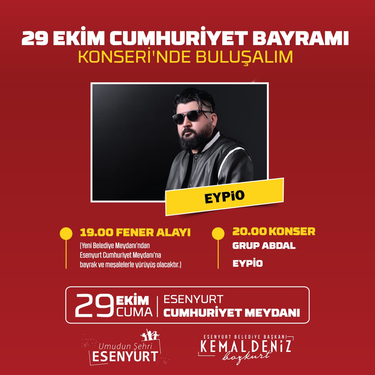 KonserMerkezi's tweet photo. Esenyurt Belediyesinin Organize Ettiği "29 Ekim Cumhuriyet Bayramı Kutlama Konserinde" @eypio Sahne Alıyor.!

 @EsenyurtBLDYS @KDenizBozkurt 
#29EkimCumhiyetBayramı 

https://t.co/o0dHQenzuk https://t.co/kQSNoZOikb