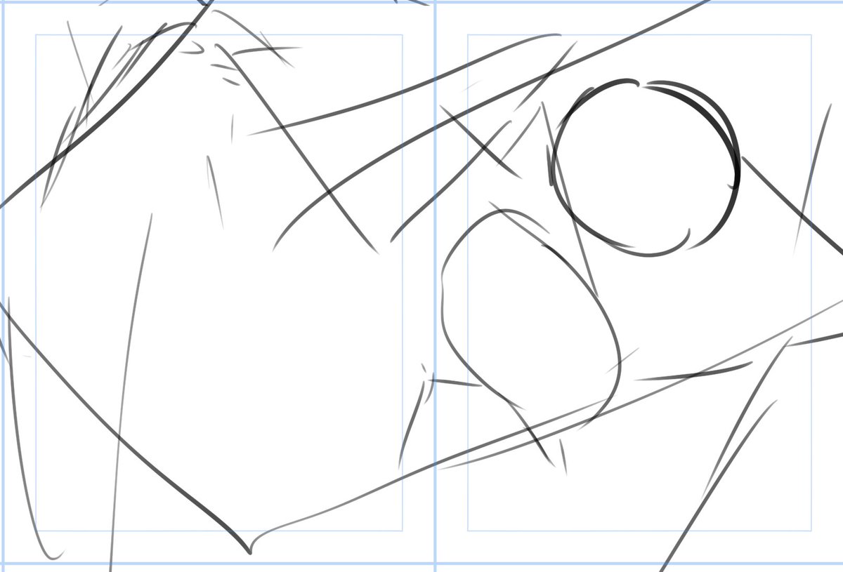 FANBOX用絵、カラーラフまで行ったけど、一旦保留してまたライン取りからやり直し。縦キャンバスは手堅く描けるけど、かたや冒険したい時、慣れない構図で描く時は横向きの方が比較的新しい絵が描ける感じで。 