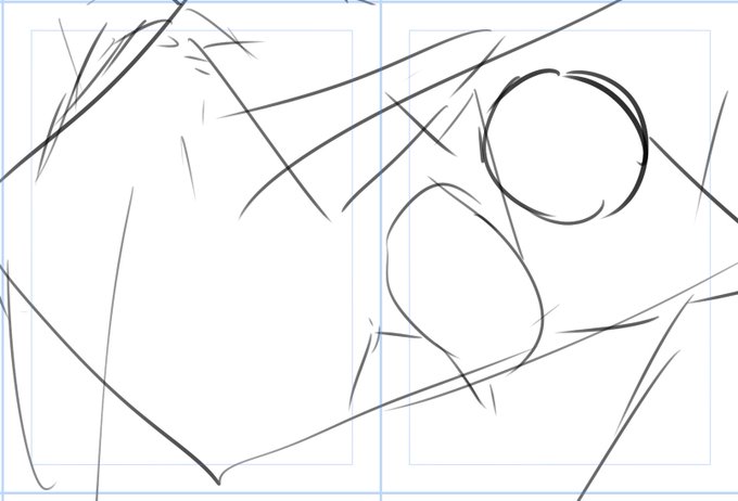 FANBOX用絵、カラーラフまで行ったけど、一旦保留してまたライン取りからやり直し。縦キャンバスは手堅く描けるけど、かたや冒険したい時、慣れない構図で描く時は横向きの方が比較的新しい絵が描ける感じで。 