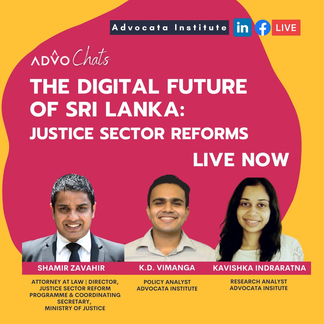 📢Live now!👨🏾‍⚖️👩🏾‍⚖️

Tune into our fifth AdvoChats discussion on 'The Digital Future of Sri Lanka: Justice Sector Reforms⚖️' with <a href="/ShamirZavahir/">Shamir Zavahir</a> (<a href="/MOJSriLanka/">Ministry of Justice Sri Lanka</a>), <a href="/diyathvimanga/">K Don Vimanga</a> &amp; Kavishka Indraratna. LIVE Now on Facebook and Linkedin.

facebook.com/advocatainstit…