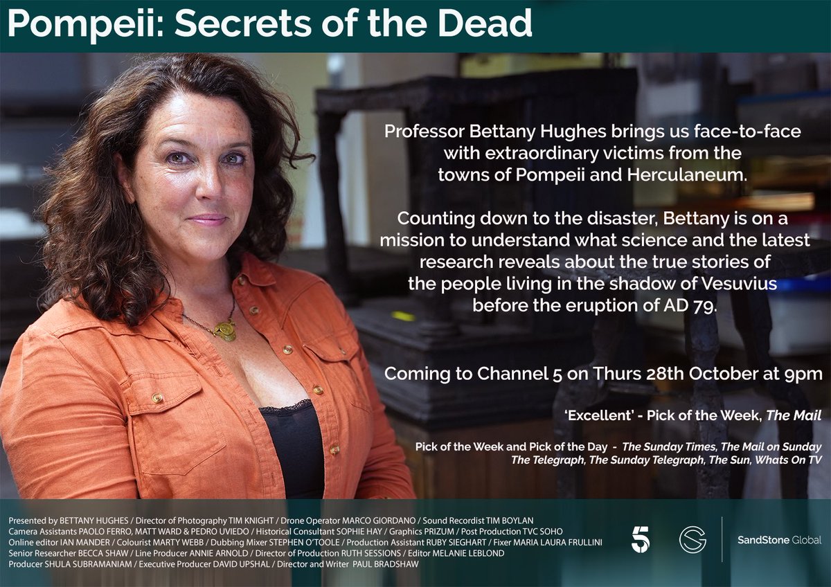 It was such a privilege to discuss the recent and truly exceptional archaeological discoveries from a Roman villa near #Pompeii with @bettanyhughes for #SecretsOfTheDead which airs *TONIGHT* at 9pm on @channel5_tv