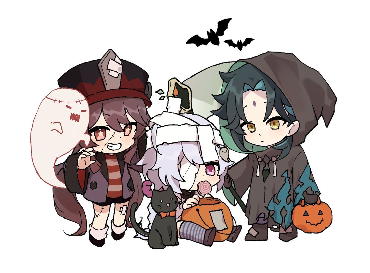 hu tao (genshin impact) ,qiqi (genshin impact) ,xiao (genshin impact) ghost halloween costume hat 1boy halloween candy bandages  illustration images