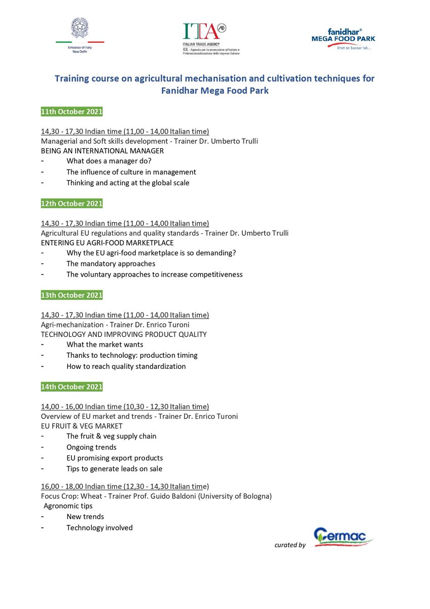 ITANewDelhi's tweet photo. Successfully concluded the first 7 training webinars on🚜agricultural mechanisation & 🌿cultivation techniques for @Fanidharmega Food Park. Several 🇮🇹cos attending & presenting their technology and products to 🇮🇳Indian firms #madeinitaly #cermac @ITAtradeagency @ITA_Mumbai https://t.co/gzKbtAD3Vo
