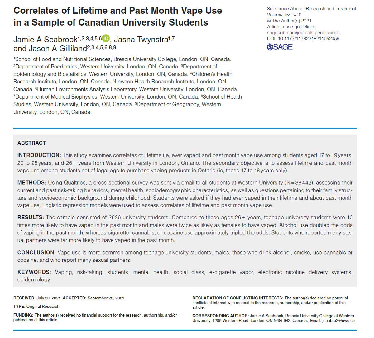 Dr. Jamie Seabrook (@jamie_seabrook1) on Twitter photo Our study of <a href="/WesternU/">Western University</a> students shows that vaping is common in teens, males, those who use cannabis, alcohol, cocaine, smokers, & who have many sexual partners. Cannabis & tobacco are the top correlates for students not of legal age to purchase vape products in Ontario (<19 yrs). Our study of <a href="/WesternU/">Western University</a> students shows that vaping is common in teens, males, those who use cannabis, alcohol, cocaine, smokers, & who have many sexual partners. Cannabis & tobacco are the top correlates for students not of legal age to purchase vape products in Ontario (<19 yrs).