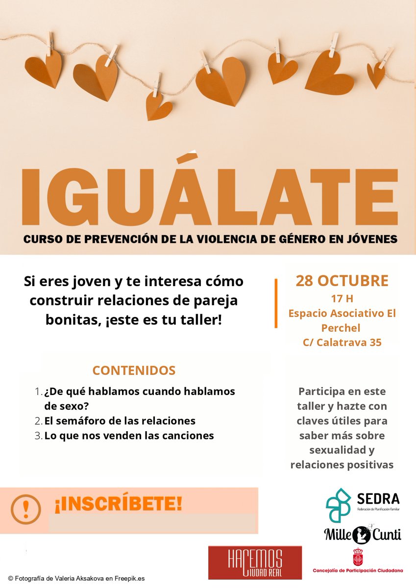 Esta tarde no te pierdas el taller "Iguálate, curso de prevención de la violencia de género en jóvenes" en el Espacio Asociativo El Perchel (C/Calatrava 35). <a href="/wikiCR/">wikiCR Ciudad Real</a> <a href="/cr_endirecto/">C. Real - En directo</a> @hacemosCR <a href="/fpfeong/">SEDRA-Federación de Planificación Familiar</a>