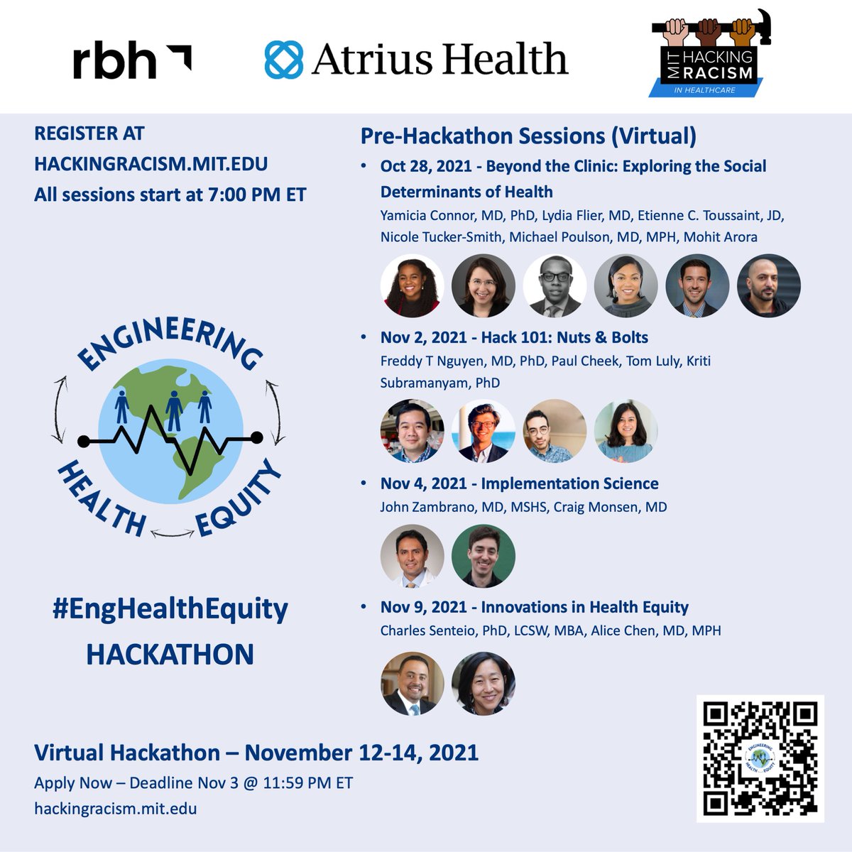 Pre-Hackathon Series kicks off today October 28

Register today to hear more about the challenges we will be tackling at #EngHealthEquity and tools to address #Health #Equity issues

<a href="/MITHackRacism/">MIT Hacking Racism Challenge</a> <a href="/atriushealth/">Atrius Health</a> <a href="/RBHspeaks/">RacetoBetterHealth</a>
#disparities #healthcare #innovation