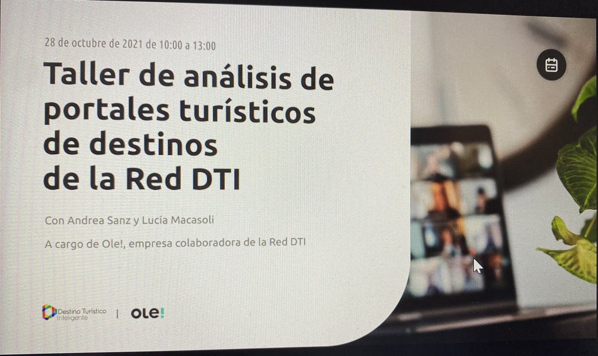 Hoy toca #formacion 📚👩‍💻💻 para algunos destinos de la <a href="/Red_DTI/">RedDTIturismo</a> <a href="/bilbao_udala/">Bilbao [Udala - Ayuntamiento]</a> <a href="/AjuntamentVLC/">Ajuntament València</a> <a href="/aytoalm/">Ayuntamiento de Almería</a> <a href="/aytogr/">Ayuntamiento de Granada</a> <a href="/AytoLogrono/">Ayuntamiento Logroño</a> <a href="/segovia_es/">Ayuntamiento de Segovia</a> <a href="/Ayto_Avila/">Ayuntamiento Ávila</a> <a href="/ajeivissa/">Ajuntament d'Eivissa</a> Taller de análisis de portales turísticos de destinos impartidos por <a href="/OleAgency/">Ole Digital Solutions</a>, empresa colaboradora <a href="/Red_DTI/">RedDTIturismo</a> .