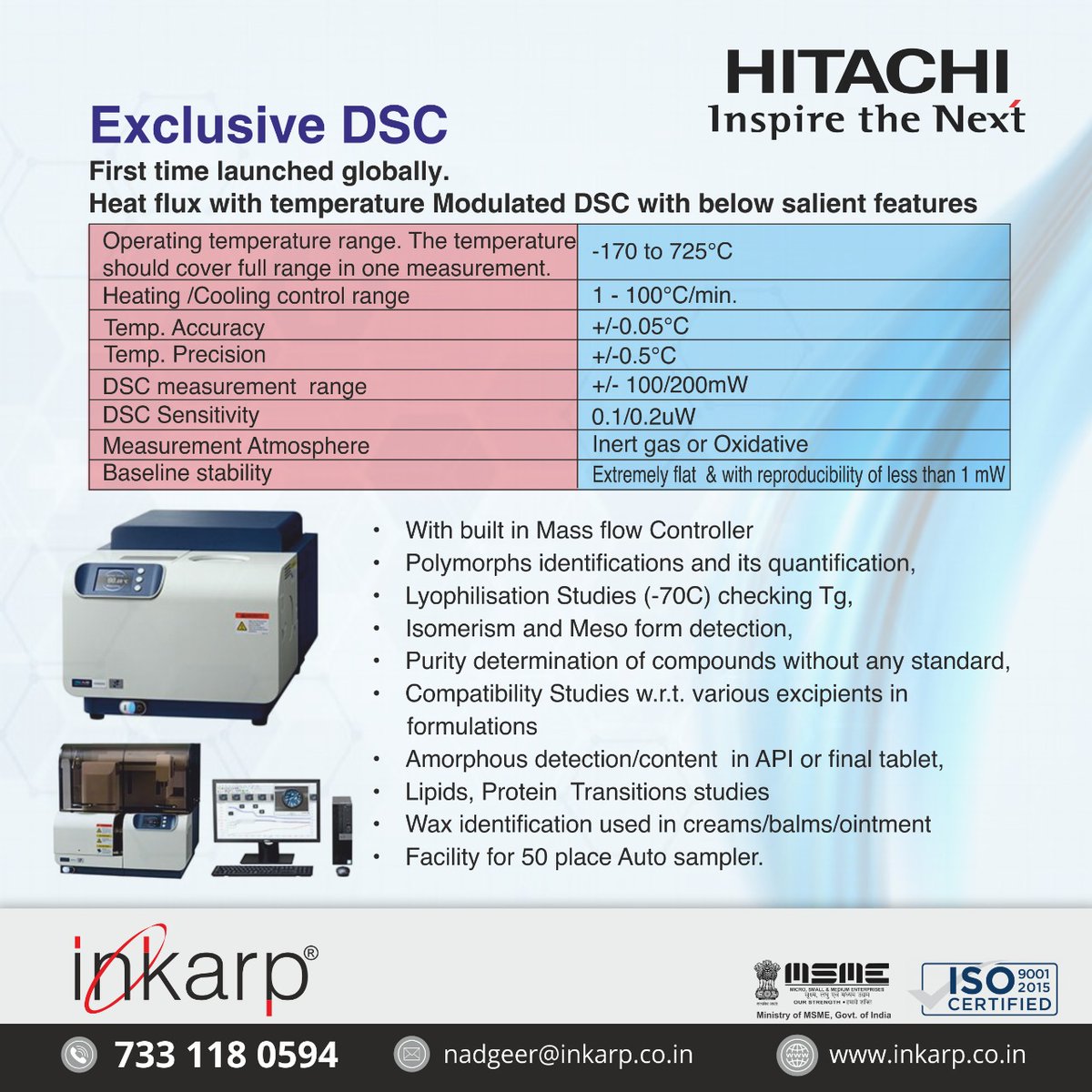 inkarpindia's tweet photo. High-temperature control technology that handles a variety of temperature programs
Available DSC measurement makes specific heat capacity measurements available

#iipl  #inkarpservices #hitachi #flowcontroller #medical #laboratory #medicalequipment  #biotechnology  #ICAR #hitachi https://t.co/OhWtvk3KRV