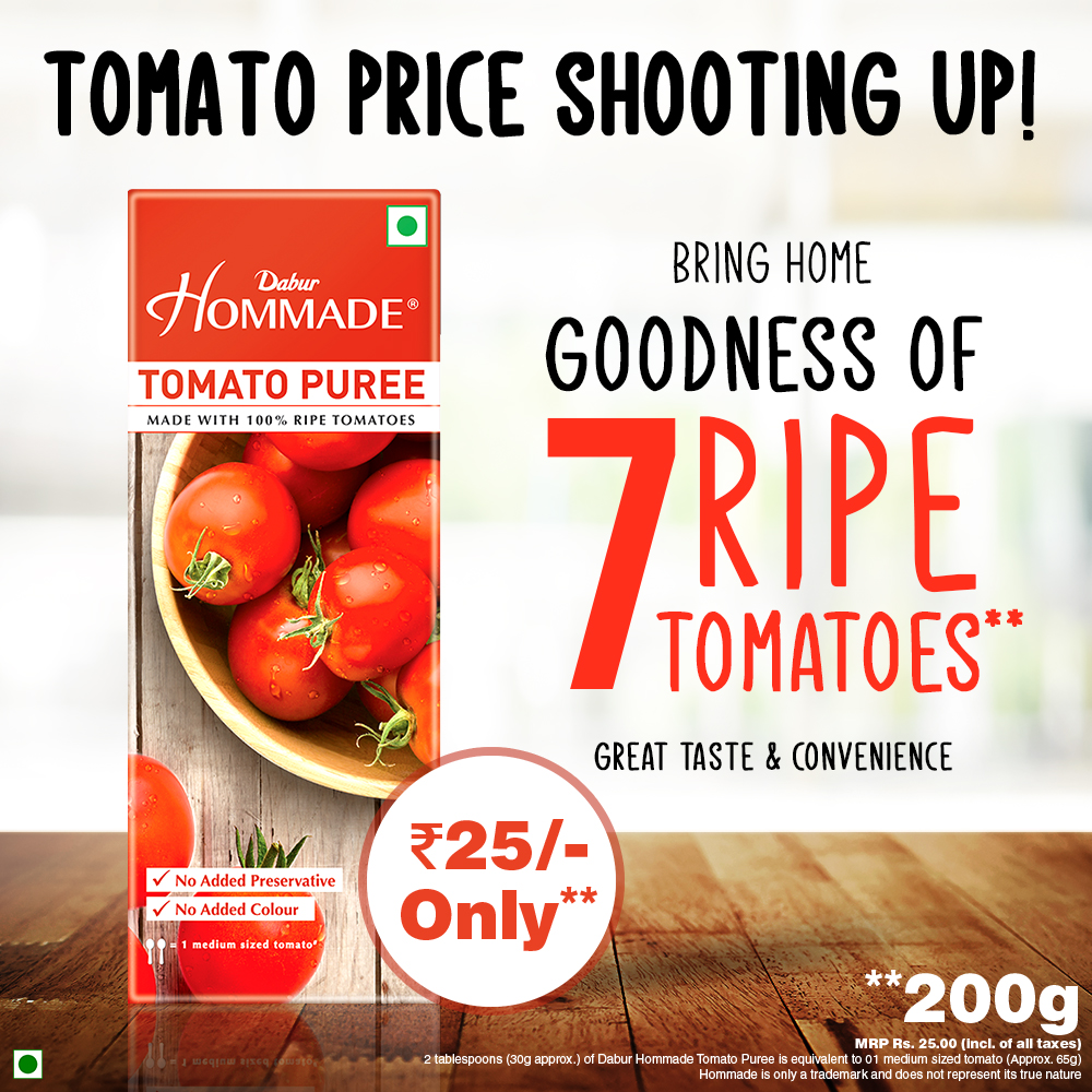 HommadeDabur's tweet photo. Rising tomato prices worrying you? Not anymore!

Enjoy the goodness of 7 Ripe Tomatoes in every pack of Dabur Hommade Tomato Puree at just Rs 25.

Shop Now : https://t.co/uZ6cNdQNFk

#Dabur #hommade #tomatopuree #hommadefood https://t.co/NqmSiEzp1y
