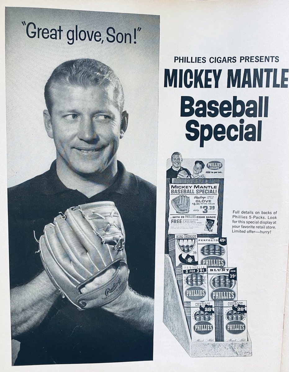 christreadway's tweet photo. Mickey Mantle and Phillies Cigars team up to get your kid a new baseball glove in 1964-65 https://t.co/DPwhILrXfE