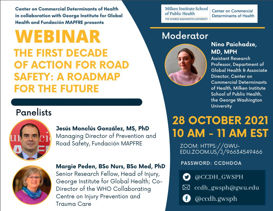 Center on Commercial Determinants of Health (CCDH) (@ccdh_gwsph) on Twitter photo #DoA webinar happening in a couple hours! Join us at 10 am as we discuss <a href="/WHO/">World Health Organization (WHO)</a> Decade of Action for #RoadSafety with <a href="/margiepeden/">Margie Peden</a> <a href="/monclusjesus/">Jesús Monclús</a> <a href="/NPaichadze/">Nino Paichadze</a> #CCDH #DoA webinar happening in a couple hours! Join us at 10 am as we discuss <a href="/WHO/">World Health Organization (WHO)</a> Decade of Action for #RoadSafety with <a href="/margiepeden/">Margie Peden</a> <a href="/monclusjesus/">Jesús Monclús</a> <a href="/NPaichadze/">Nino Paichadze</a> #CCDH