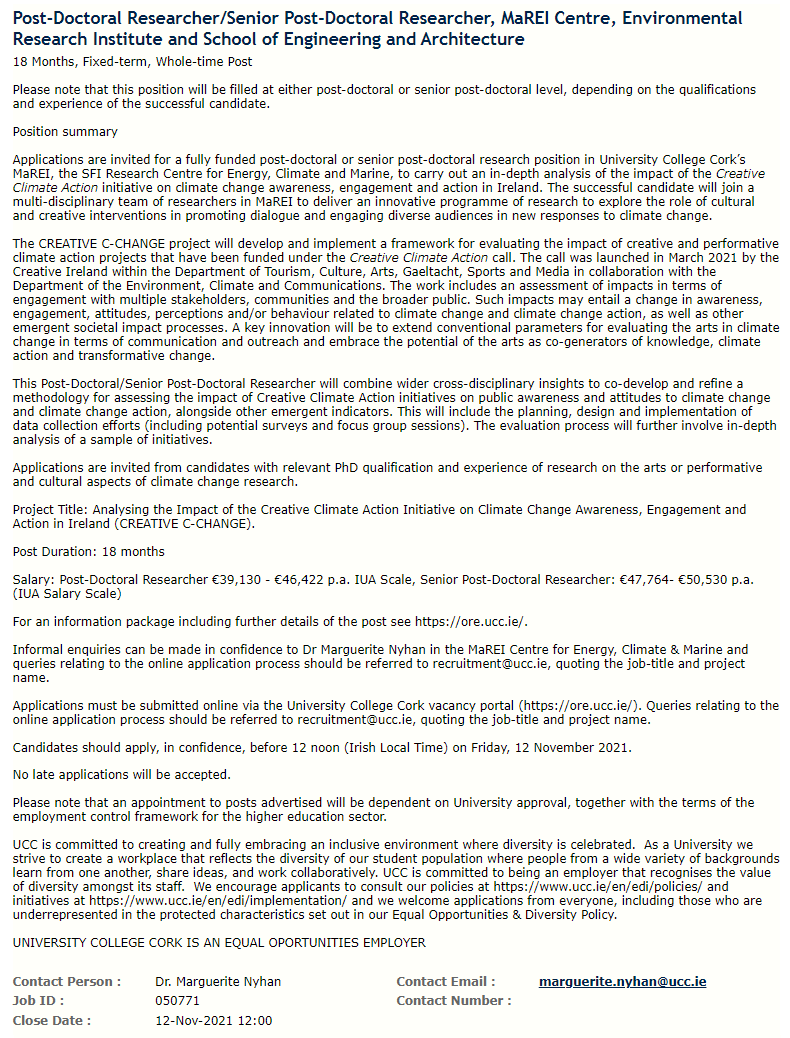 margueritenyhan's tweet photo. We are hiring a Post-doc/Senior Post-Doc for our Creative C-CHANGE project which aims to analyse the impact of the Creative Climate Action initiative on climate change engagement and action
 
For info, search UCC's Research Vacancies Job ID 050771 https://t.co/VE3vvu7gQm https://t.co/an8q2sqIQp