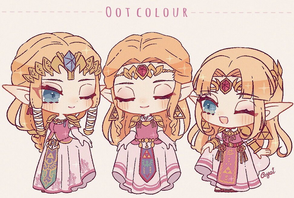 princess zelda multiple persona one eye closed pointy ears smile dress long hair gloves  illustration images