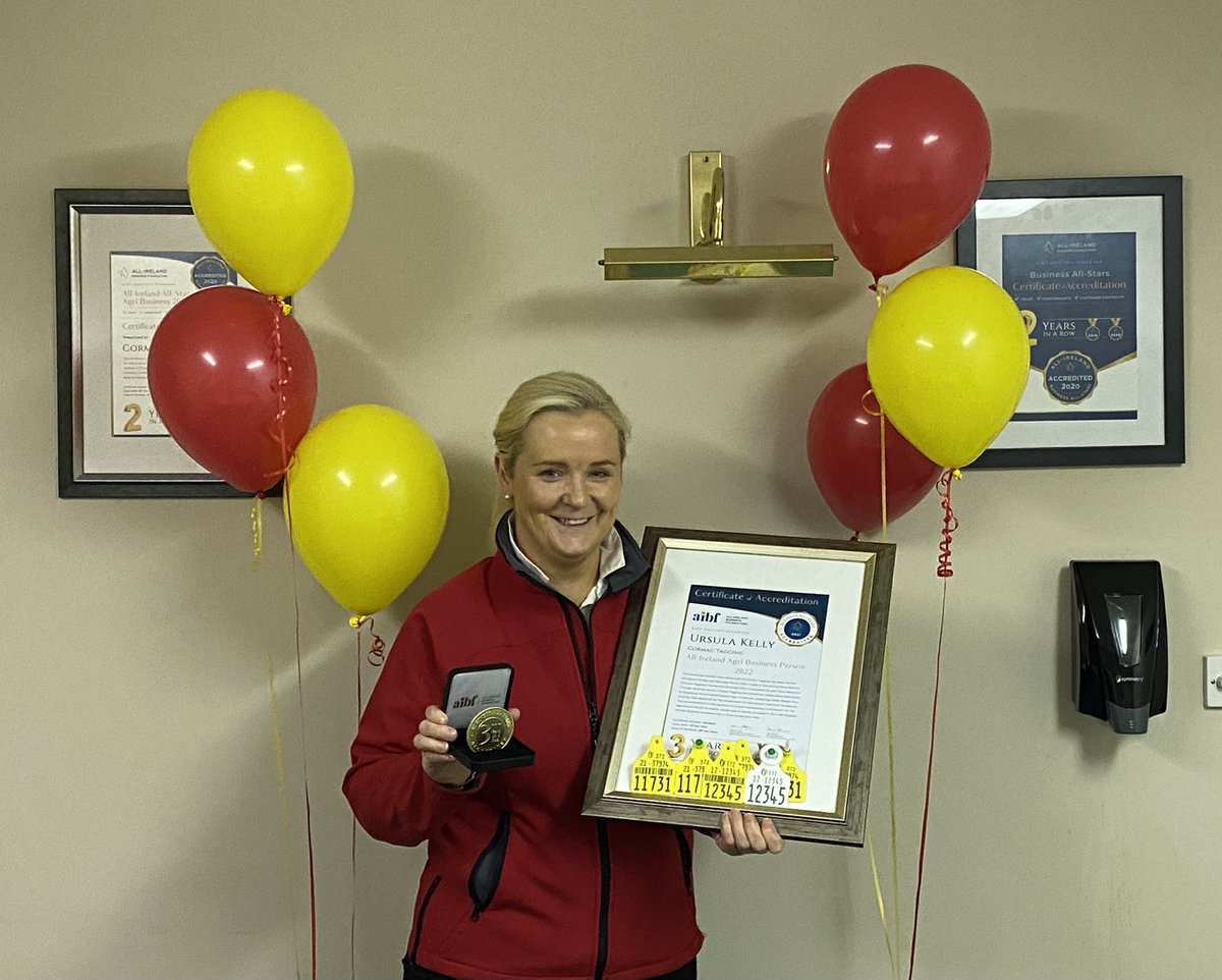 CormacTagging's tweet photo. ✨All- Ireland Agri Business Person 2022 Accreditation - Ursula Kelly, Cormac Tagging✨

We are delighted to announce that Ursula has done it again, she continues to lead the way for women in the agricultural sector! 🥇🏆

#businessallstars https://t.co/YloxrJr4V2