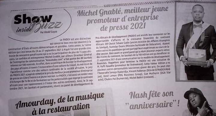 Merci au Journal #GO_Magazine pour le clin d'oeil 🙏🙏🙏

Michel GNABLÉ, meilleur jeune Promoteur d'entreprise de presse 2021 🇨🇮🏆🏆 #PRIX_PADEV_KIGALI  🇷🇼