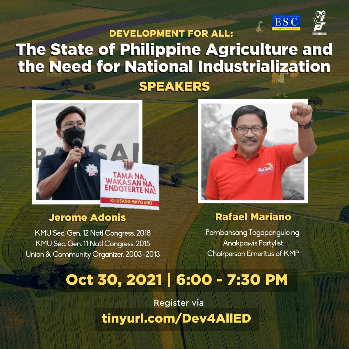 UP_ESC's tweet photo. 𝐄𝐃 𝐨𝐧 𝐏𝐇 𝐀𝐠𝐫𝐢 &amp; 𝐍𝐚𝐭𝐥 𝐈𝐧𝐝𝐮𝐬𝐭𝐫𝐢𝐚𝐥𝐢𝐳𝐚𝐭𝐢𝐨𝐧

Join Ka Jerome Adonis and Ka Paeng Mariano this Saturday as we discuss the true state of PH agriculture &amp; the need for nat'l industrialization. 

October 30 | 6 - 7:30 PM
Register via: https://t.co/P6wUp5cjse https://t.co/ngprjLBBey