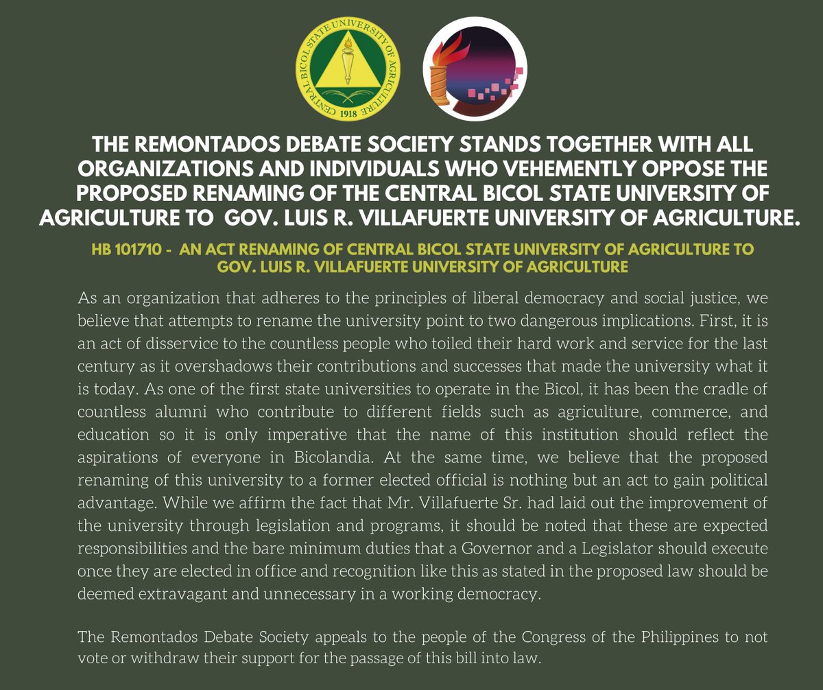 ADNUDebate's tweet photo. The Remontados Debate Society releases its official statement in support of the different organizations who oppose the renaming of the Central Bicol State University of Agriculture to Gov. Luis R. Villafuerte University of Agriculture. 

FULL STATEMENT: https://t.co/gQZ0f43nqH https://t.co/u9zHdf4Xks