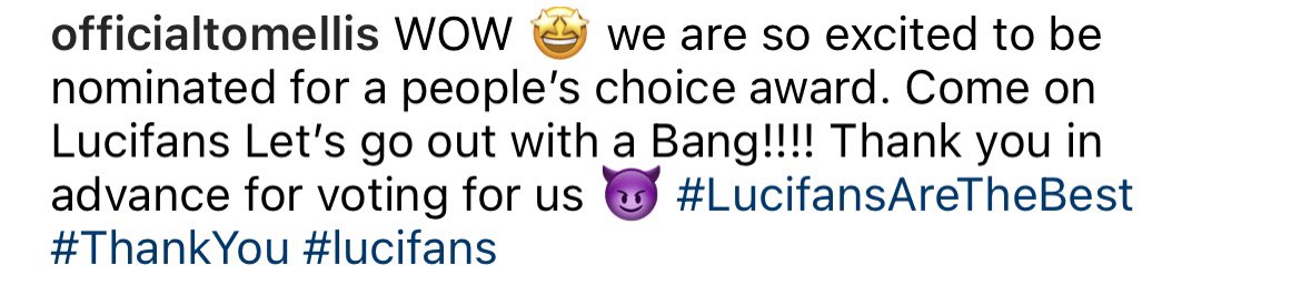 fee878's tweet photo. #Lucifans vote for #Lucifer 

Here’s the link:
https://t.co/JlIKJHHwSU

They deserve to go out with a BANG!
💪😈 

IG #TomEllis https://t.co/7Uw5hWMeO8