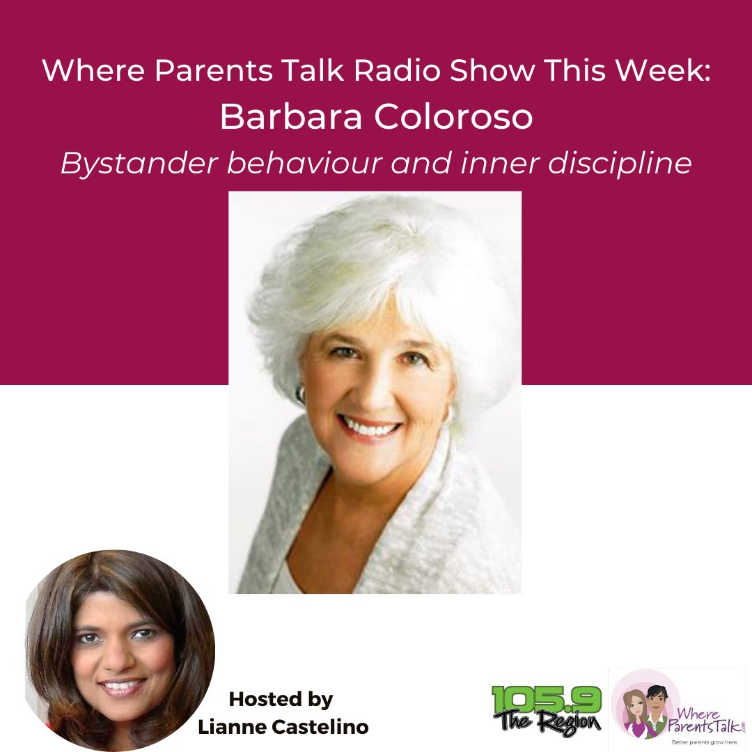 Parents_Talk's tweet image. Saturday: Perspectives on bystander behaviour and inner discipline. @BarbaraColoroso, author, educational consultant and speaker, shares her insights. Tune into @1059TheRegion at 10:30am this Saturday.

#1059TheRegion #bystanderbehaviour #innerdiscipline #LianneCastelino