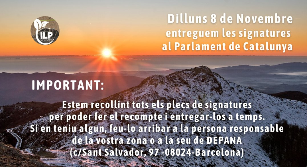 Resten 10 dies! 

📅Dilluns 8 de novembre entregarem les signatures recollides en suport de la ILP Montseny.

📝Si encara teniu algun plec, lliureu-lo amb immediatesa per poder fer-lo arribar. 

🙏Moltes gràcies a totes les entitats i persones implicades en la protecció del Parc!