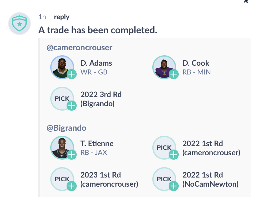 HUGE TRADE AGREED!!!!!!! We are delighted to have agreed terms with <a href="/Bigrando99/">Mick Randall</a> to acquire absolute studs <a href="/dalvincook/">Dalvin “4️⃣” Cook</a> and Devante Adams. At 5-2 are are a WIN NOW team in <a href="/Fleur_de_League/">Fleur de League</a>