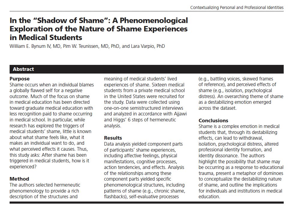 Will Bynum (@willbynummd) on Twitter photo So thankful to <a href="/AcadMedJournal/">Academic Medicine</a> & the RIME committee for the opportunity to publish our continued exploration into #shame in #meded, this time on nature of shame in medical students. Thankful for my amazing mentors & co-authors too <a href="/LaraVarpio/">Dr. Lara Varpio</a> <a href="/pim_teu/">Pim Teunissen</a> journals.lww.com/academicmedici… So thankful to <a href="/AcadMedJournal/">Academic Medicine</a> & the RIME committee for the opportunity to publish our continued exploration into #shame in #meded, this time on nature of shame in medical students. Thankful for my amazing mentors & co-authors too <a href="/LaraVarpio/">Dr. Lara Varpio</a> <a href="/pim_teu/">Pim Teunissen</a> journals.lww.com/academicmedici…