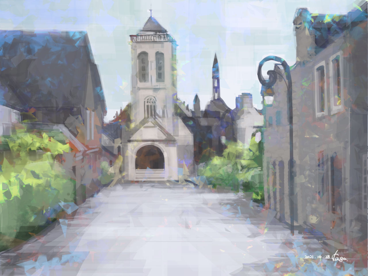 かがつね 9 30 花飾り22展 26日目 街並み フランス カンペール グラフィック社出版 若月伸一著 背景ビジュアル資料13 ヨーロッパの田舎町 村 より模写 今日も手法を変えて 思っていた出来とはちょっと違うけど これも面白いと思ったので