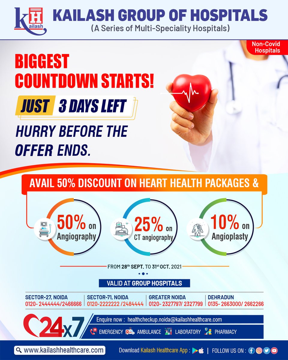 KailashHealth's tweet photo. Do not miss the Best Healthcare Offer!
Just 3 days left! Hurry....
Grab Exclusive Discounts on Heart Health Packages, CT Angiography & Angioplasty.
Call us Now!
#HeartHealthCheckup #HeartHealthPackages #HealthcareOffers https://t.co/EtaEX1K2Iw
