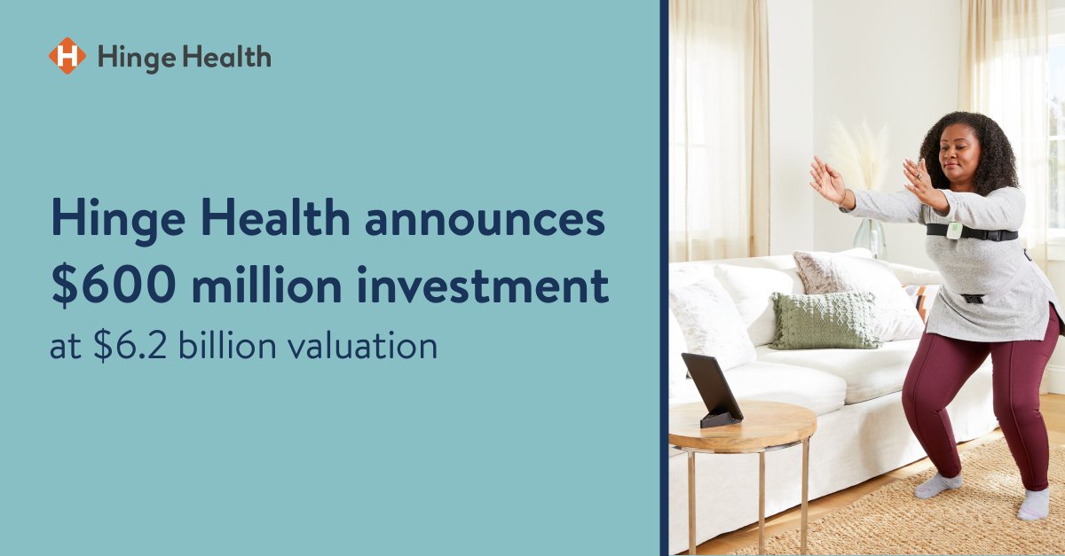 HingeHealth's tweet image. Hinge Health is thrilled to announce a $600 million investment at a $6.2 billion valuation! Thank you to our 575+ enterprise customers for trusting us as your partner: hingehealth.com/hinge-health-a…