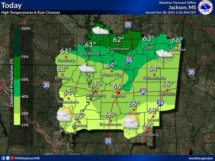 NWSJacksonMS's tweet photo. A line of showers will continue to move across the area tonight in advance of a cold front. Low temperatures are forecast to be in the mid 50s to low 60s beneath cloudy skies. https://t.co/8MaIA5GYFW