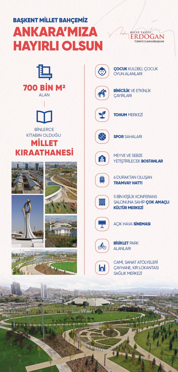 Bugün açılışını gerçekleştirdiğimiz Başkent Millet Bahçemizin ülkemize ve Ankara’mıza hayırlı olmasını diliyorum.

Tüm vatandaşlarımızı, havaların iyi gittiği şu günlerde Başkent Millet Bahçemizin keyfini çıkarmaya davet ediyorum.