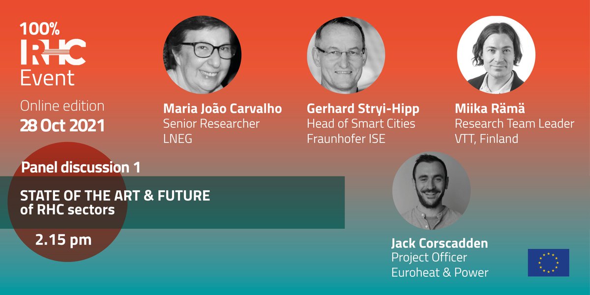 Our first panel, titled "State of the Art and Future of RHC Sectors" is starting now!

Hear from representatives from 2 #RHC working groups (Buildings &amp; Cities) and external expert 
<a href="/miikarama/">Miika Rämä</a>

#100RHC