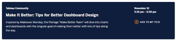 FlerlageKev's tweet image. The TC21 (#DATA21) schedule builder is now available. And check out the presentation I&apos;m doing with @flerlagekr about making your dashboards better: