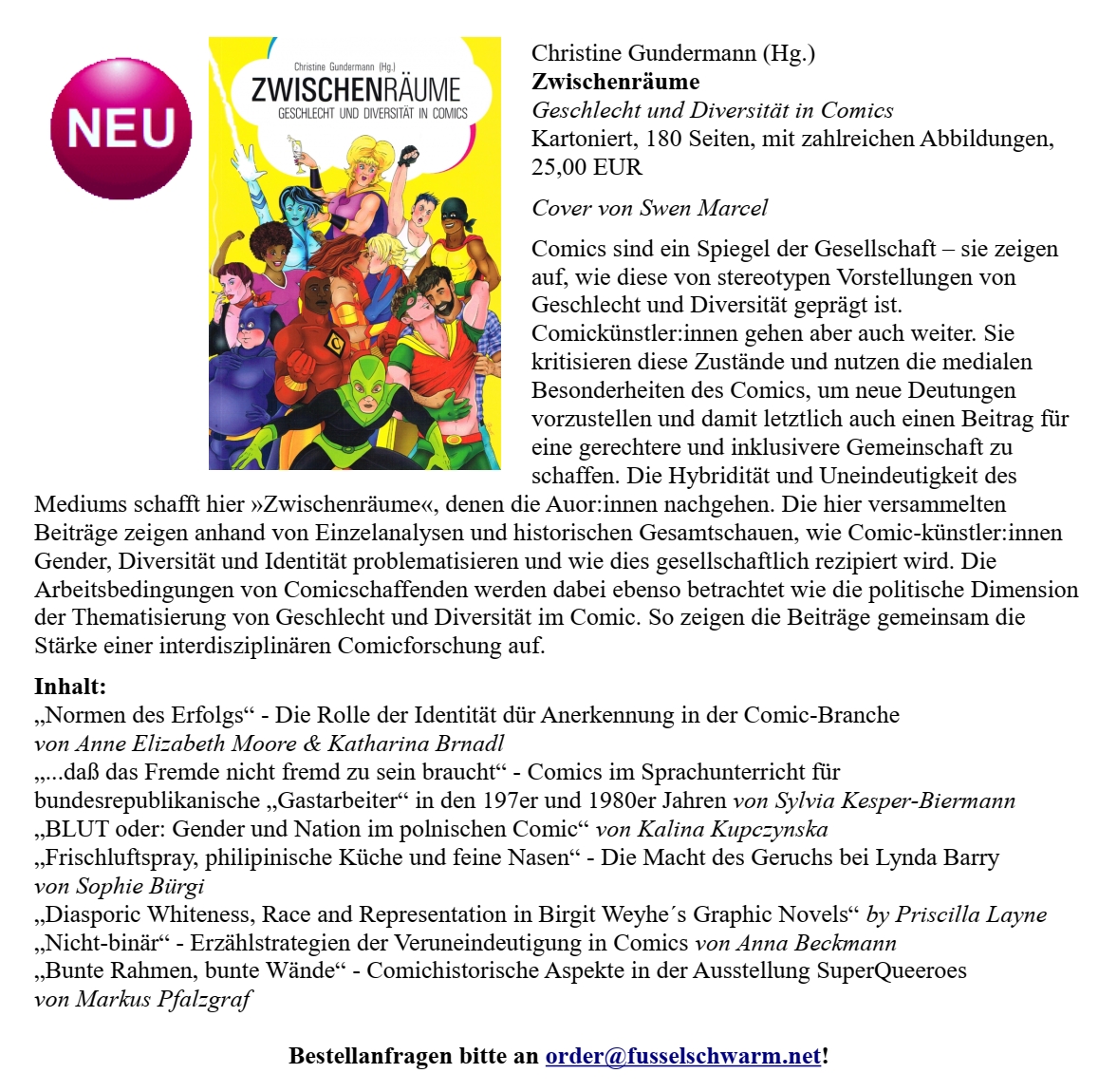 "ZWISCHENRÄUME - Geschlecht und Diversität in Comics", herausgegeben von <a href="/cgpublichistory/">Christine Gundermann cgpublichistory@ruhr.social</a> (Cover von @SwenMarcel), ist ein Sammelband mit unterschiedlichsten Beiträgen. Zum Beispiel über die Ausstellung #SuperQueeroes im <a href="/GayMuseum/">Schwules Museum</a> von <a href="/ma_kuse/">Markus Pfalzgraf</a>.👍