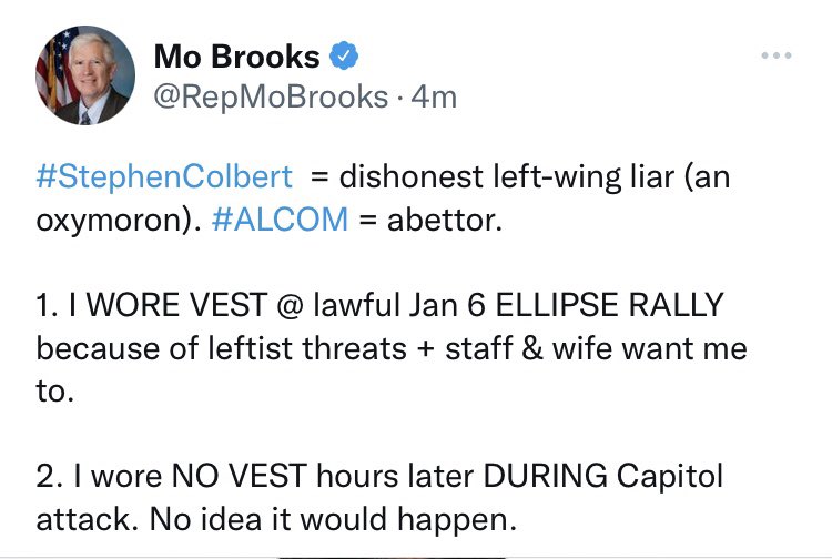 RonFilipkowski's tweet photo. Two days after claiming his staff may have participated in the J6 planning meetings not him, Mo Brooks this morning is blaming his wife for the bulletproof vest. https://t.co/q1Bm7QTrTo