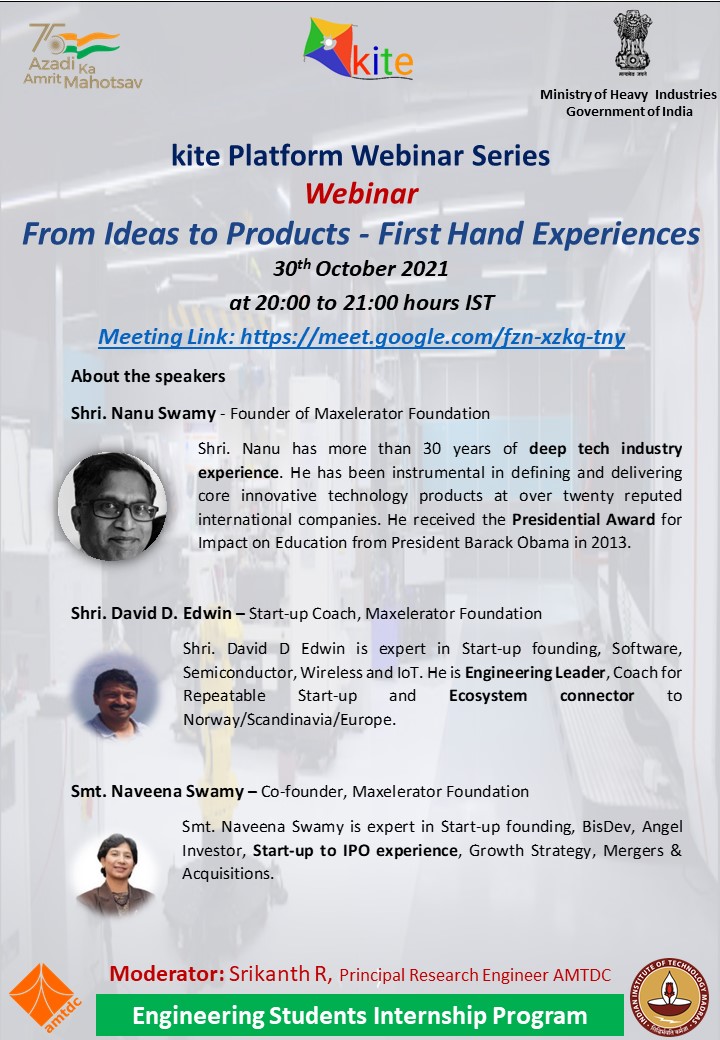 kite (@connect2kite) on Twitter photo Webinar on Concurrent Engineering - ''From Ideas to Products - First Hand Experiences''
Date and Time: 30th October 2021at 20.00 to 21:00 hours IST
Meeting Link: Meeting Link: meet.google.com/fzn-xzkq-tny
<a href="/MHI_GoI/">Ministry of Heavy Industries</a>
#AzadiKaAmritMahotsav Webinar on Concurrent Engineering - ''From Ideas to Products - First Hand Experiences''
Date and Time: 30th October 2021at 20.00 to 21:00 hours IST
Meeting Link: Meeting Link: meet.google.com/fzn-xzkq-tny
<a href="/MHI_GoI/">Ministry of Heavy Industries</a>
#AzadiKaAmritMahotsav