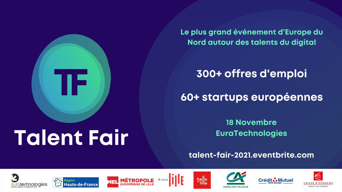 🧐Trouver un job c'est simple, il te suffit de traverser la rue jusqu'à EuraTechnologies et de rencontrer des startups venues de toute l’Europe 🚀
👉300+ offres d’emploi
👥 Workshops
talent-fair-2021.eventbrite.fr
📅 18 novembre à EuraTechnologies 
#job #emploi #lille #numerique